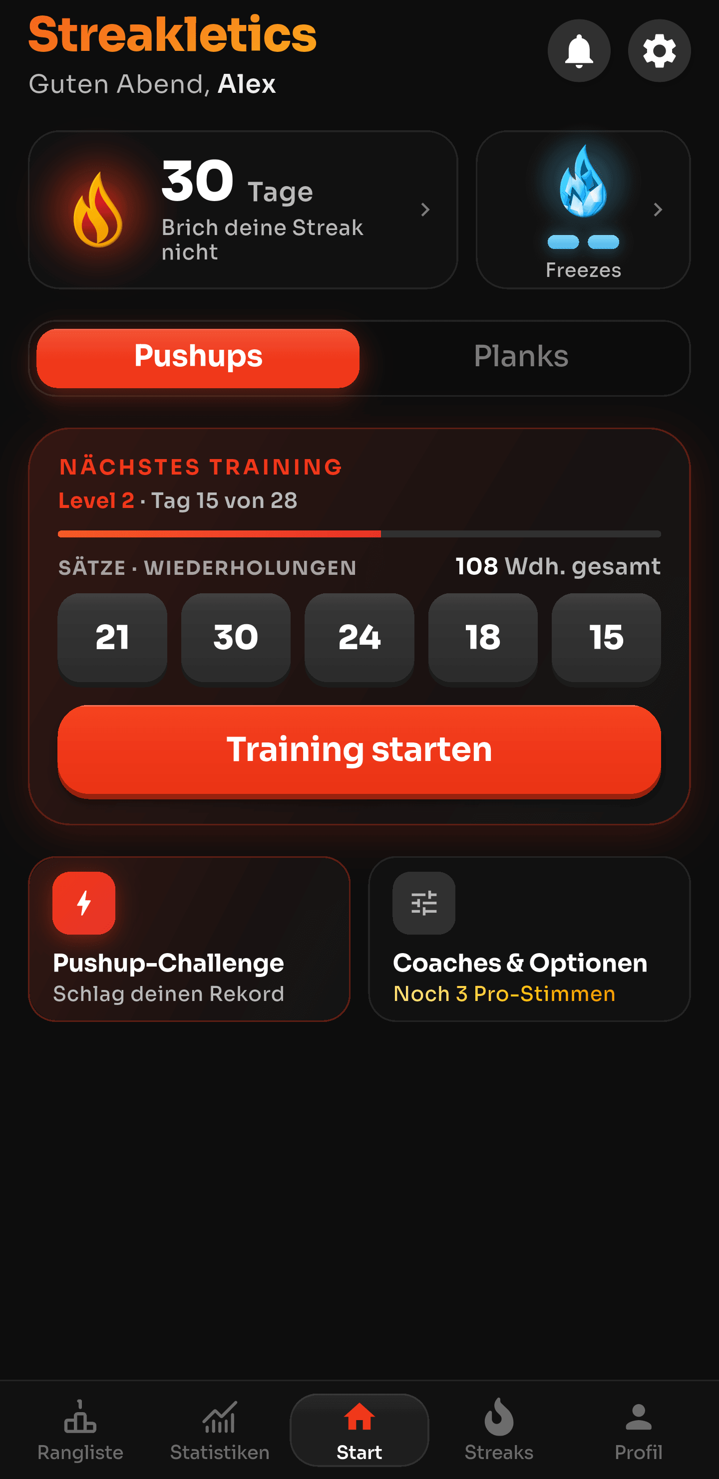 Streakletics Startbildschirm mit 30-Tage-Streak, zwei bereiten Streak-Freezes und dem nächsten Training auf Level 2
