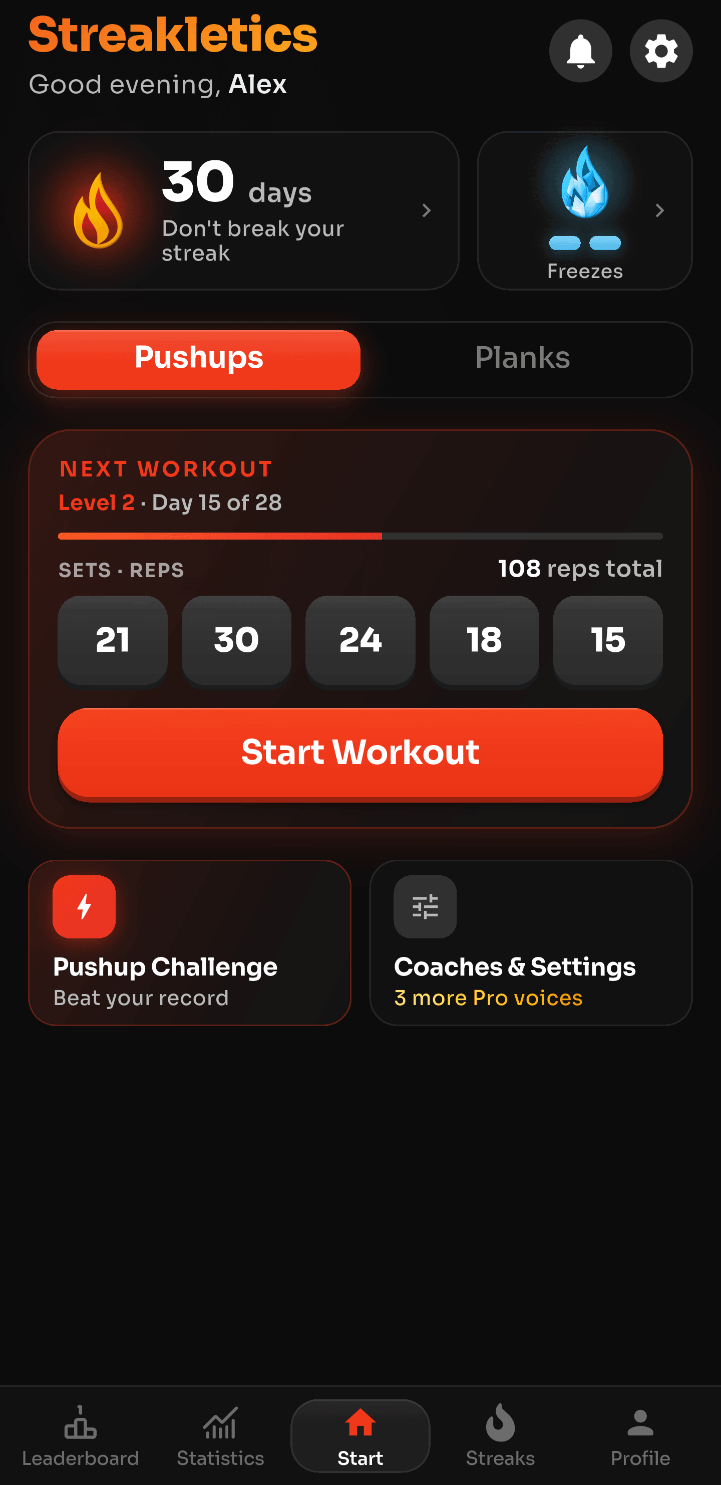 Streakletics home screen with a 30-day streak, two Streak Freezes ready, and the next Level 2 workout set to start