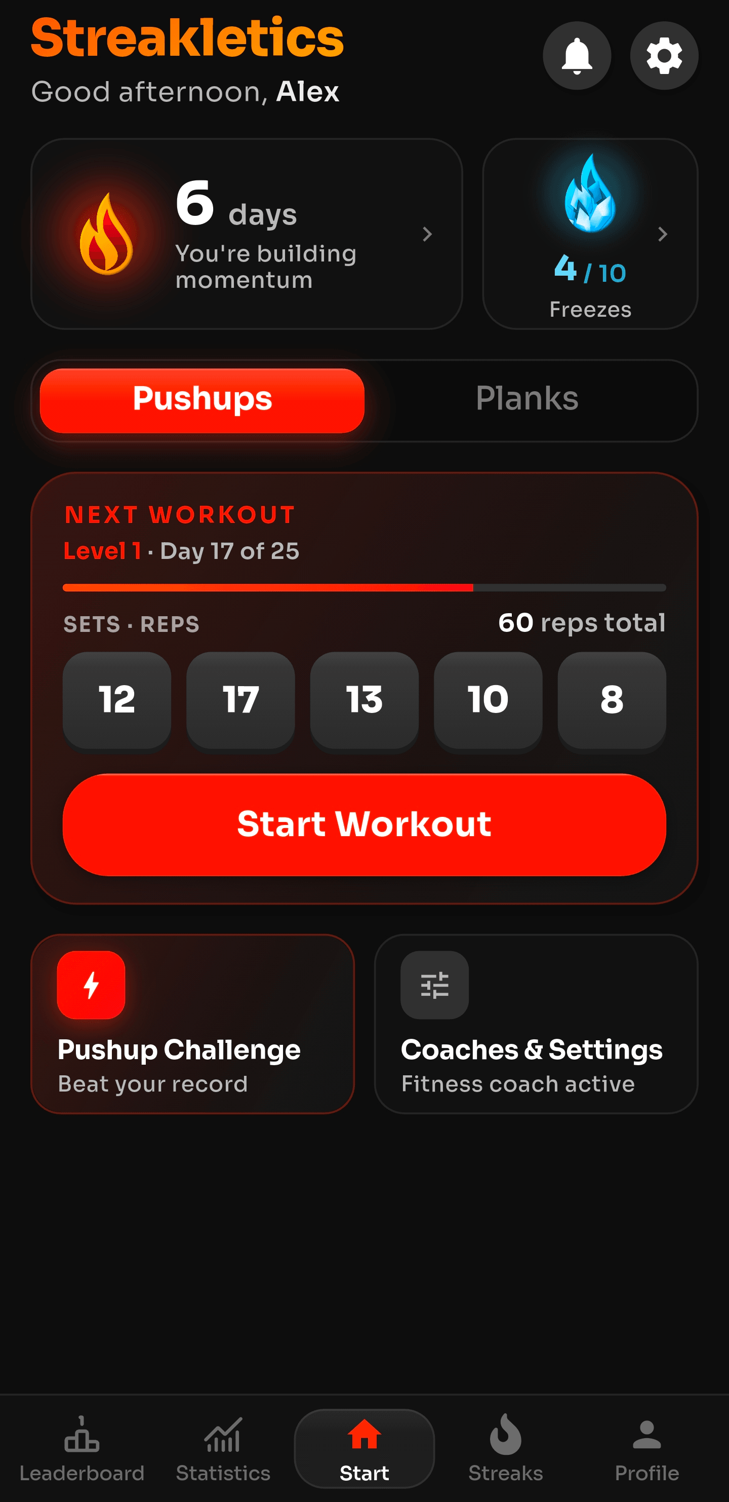 Streakletics home screen with a 6-day streak and the next workout ready to start