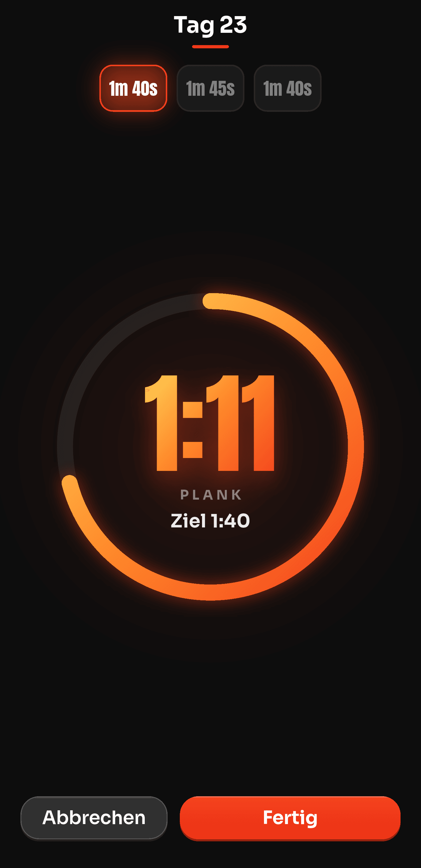 Plank-Timer mitten im Halten an Tag 23: 1:11 von 1:40 als Ziel