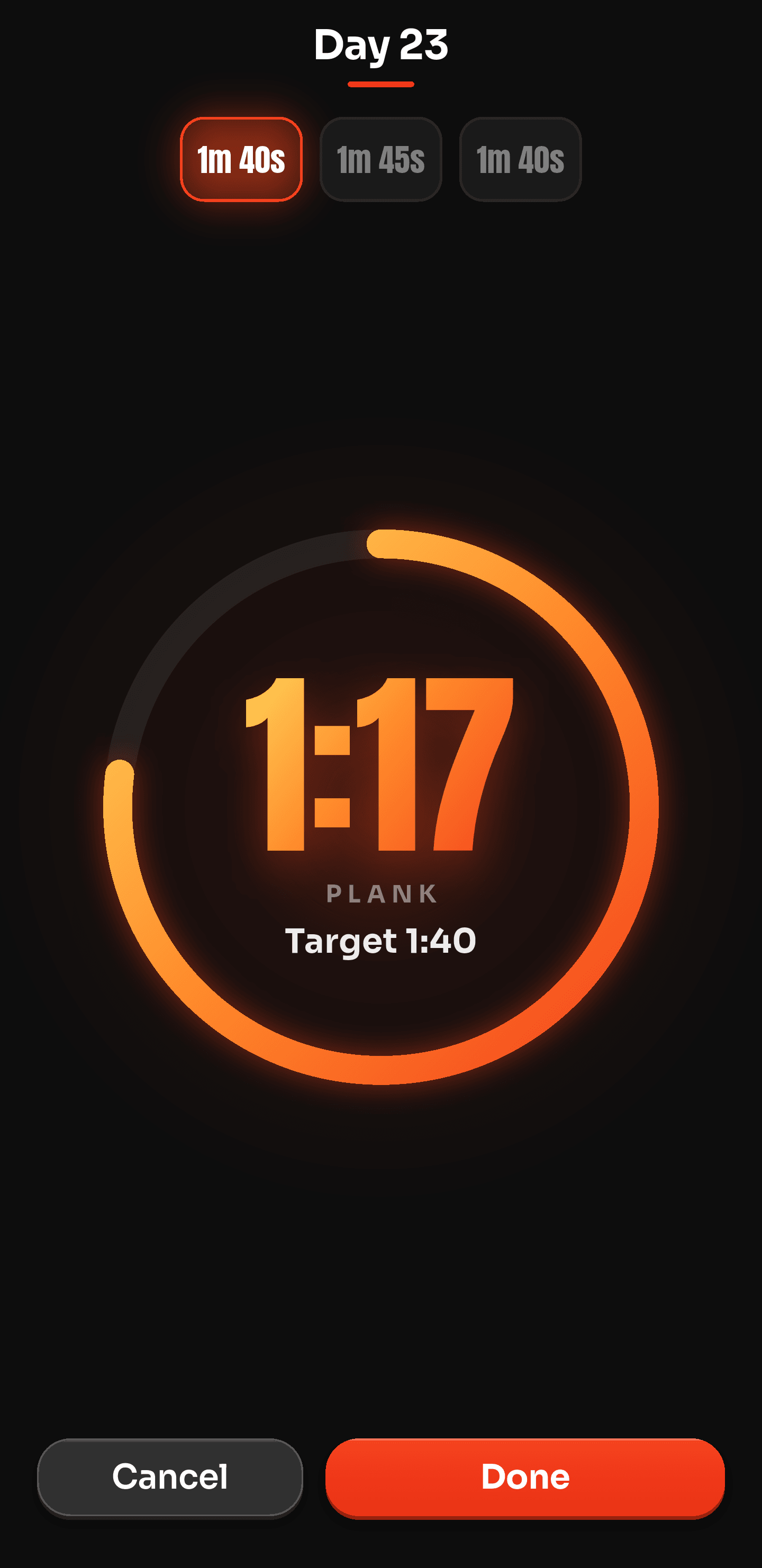Plank timer mid-hold on day 23, showing 1:17 of a target 1:40