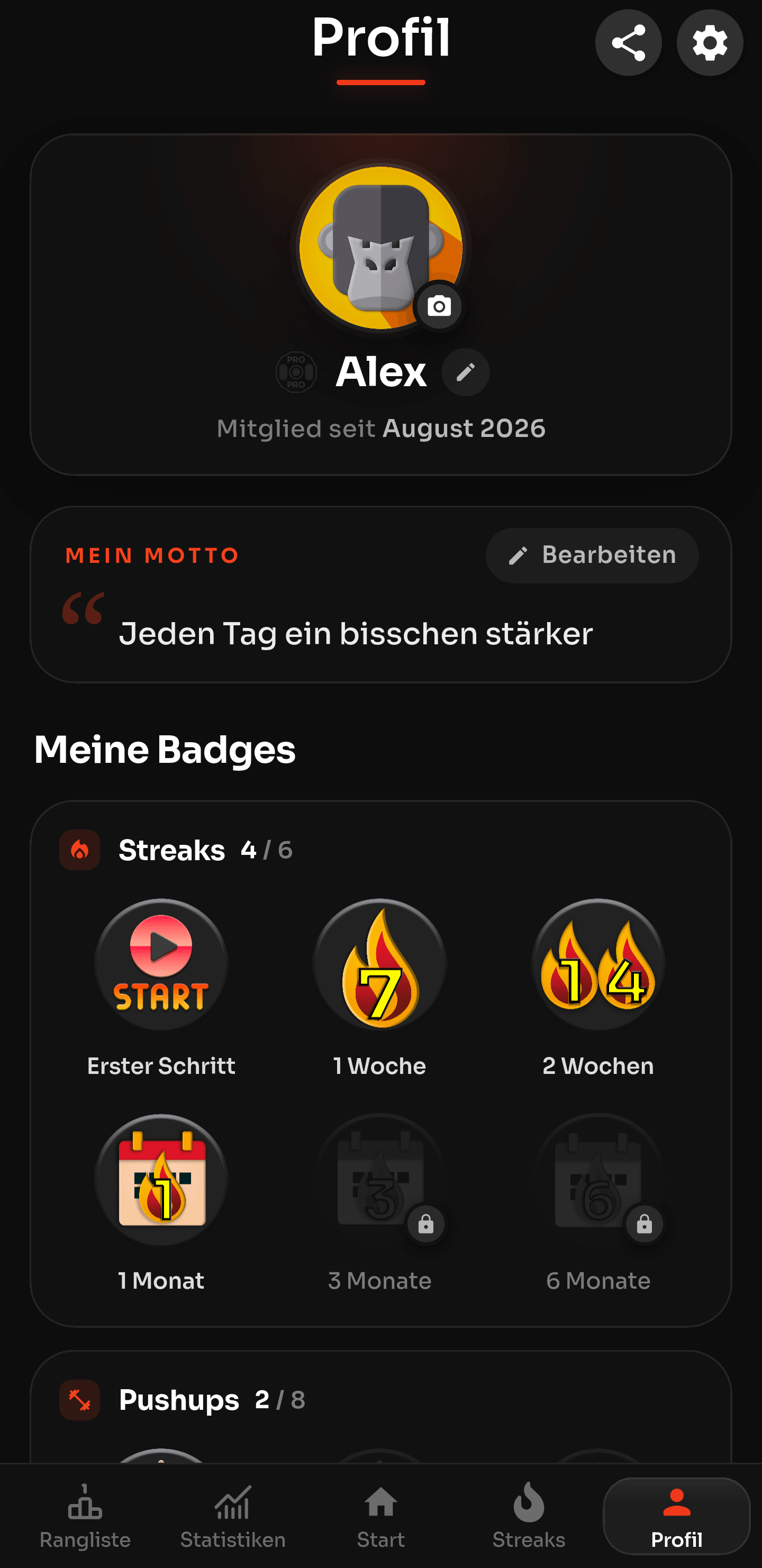 Profil-Bildschirm mit eigenem Motto und Streak-Abzeichen, vier von sechs freigeschaltet