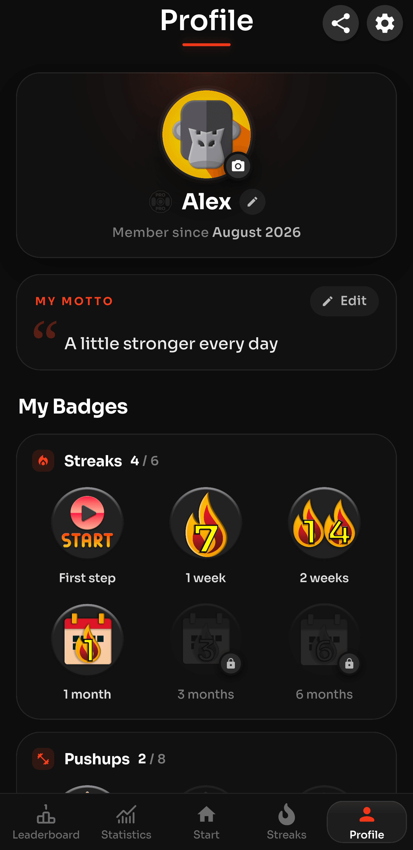 Profile screen with a custom motto and a grid of streak badges, four of six unlocked