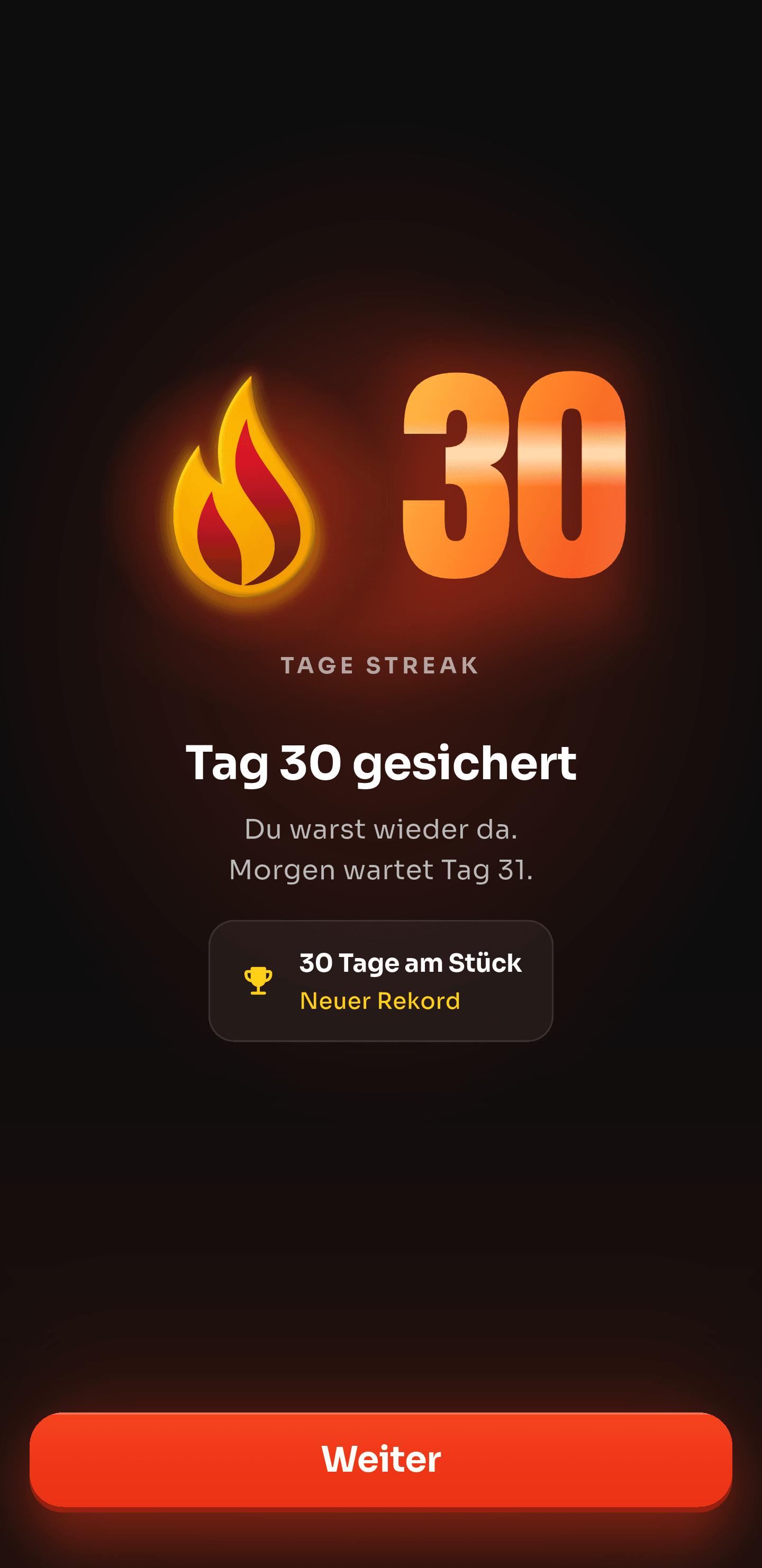 Streak-Feier nach dem Training: eine Flamme neben der 30-Tage-Streak, Tag 30 gesichert und ein neuer Rekord von 30 Tagen am Stück