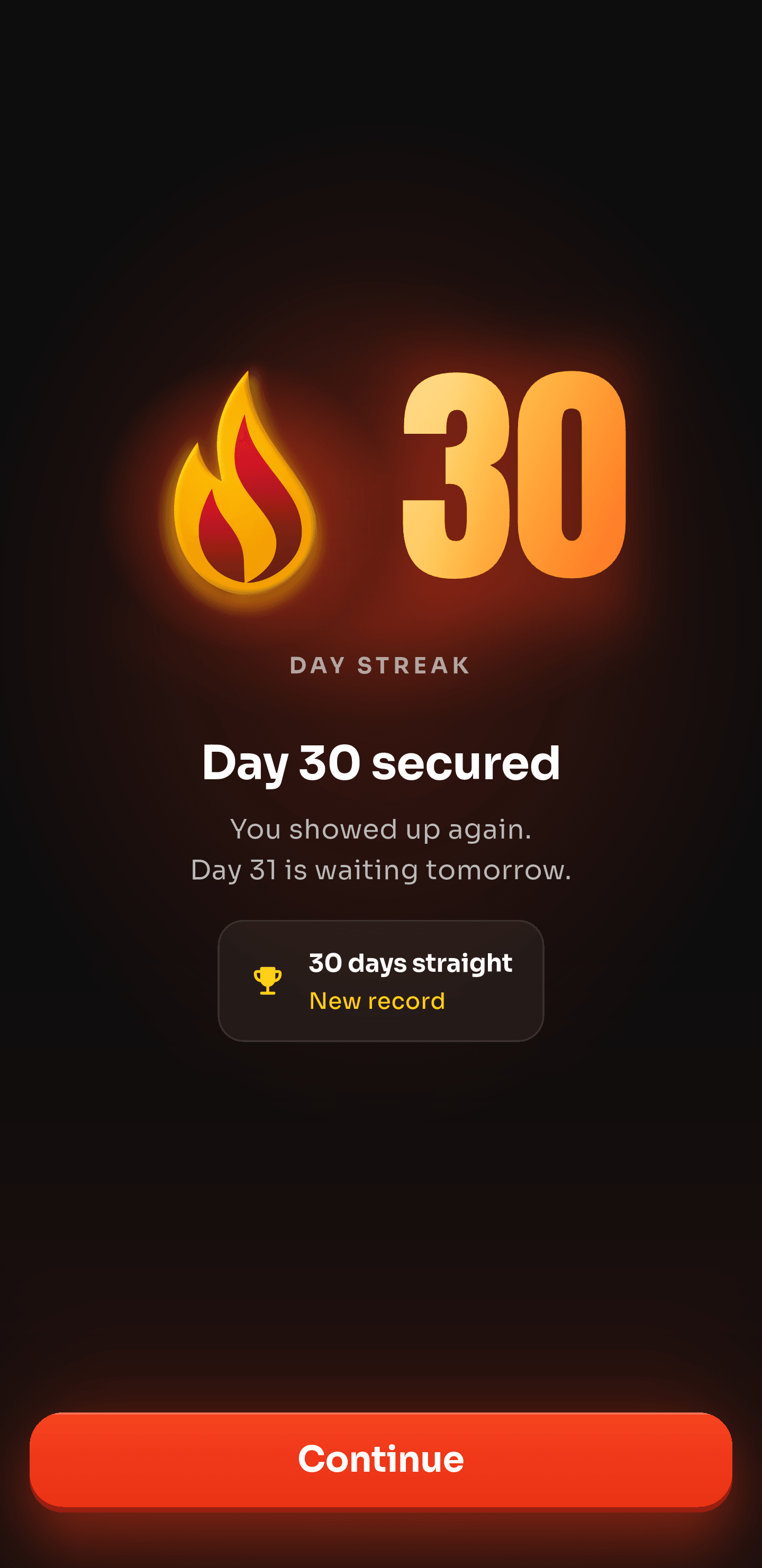 Streak celebration after a workout: a flame beside a 30-day streak, day 30 secured and a new record of 30 days straight